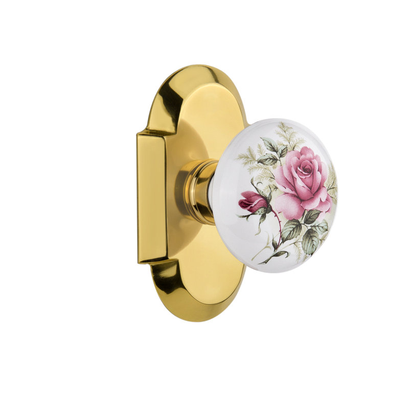 Cottage Plate with White Rose Porcelain Door Knob, Polished Brass, 2.375"