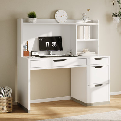 Desk with Hutch, 47 Inch White Desk with 4 Drawers and File Drawer for Bedroom