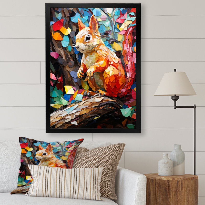 Collage coloré écureuil délice - Écureuil, art mural animal, Cadre simple noir, H 32 po x l 16 po x P 1 po