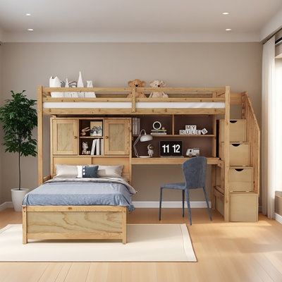 Lit mezzanine simple au-dessus de simple avec bureau intégré et escalier, avec compartiments de rangement et tablettes