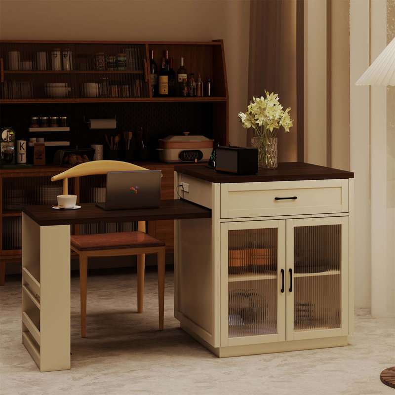 Îlot de cuisine extensible avec table coulissante, supports de rangement et prise de courant pour 2 à 6 personnes, grain de bois noyer, portes en verre trempé