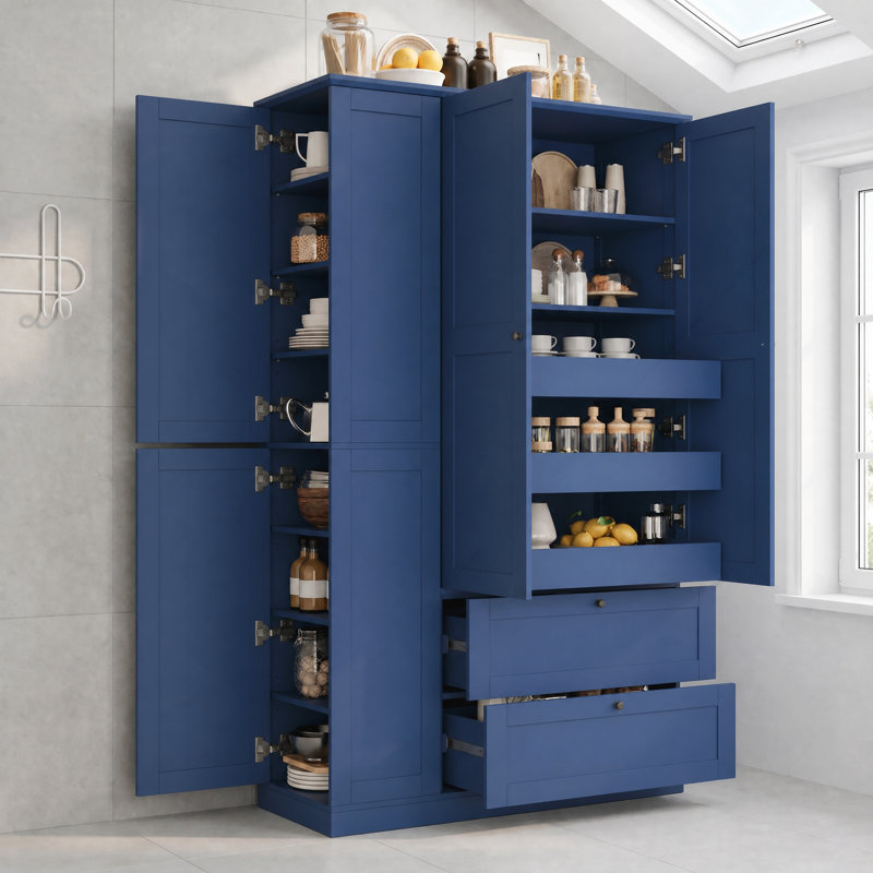 Grand garde-manger de style campagnard avec 8 tablettes, 2 tiroirs, 3 plateaux coulissants, 4 portes et armoires latérales pour la cuisine et la salle à manger