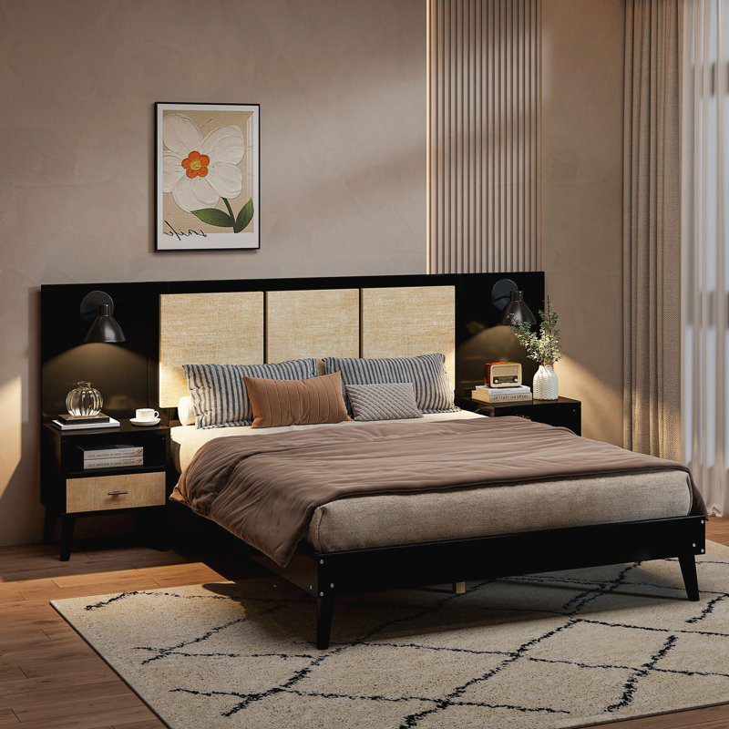 Queen Platform Bed With 2 Nighstands And Lights, Black