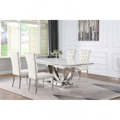 Ensemble de table de salle à manger rectangulaire 5 pièces blanc crème et chrome