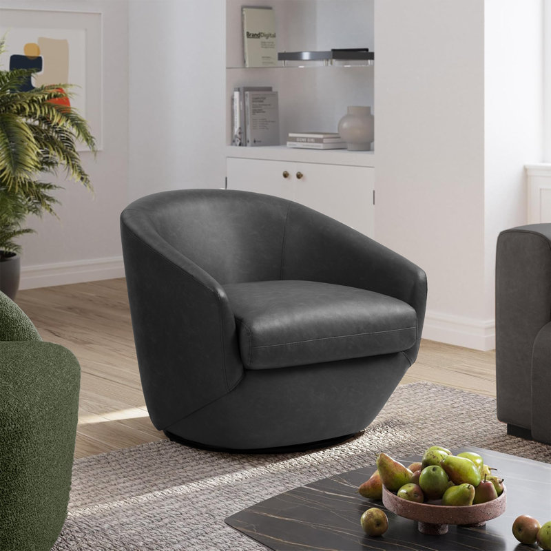 Aunna Faux Leather Swivel Barrel Chair, Black Faux Leather