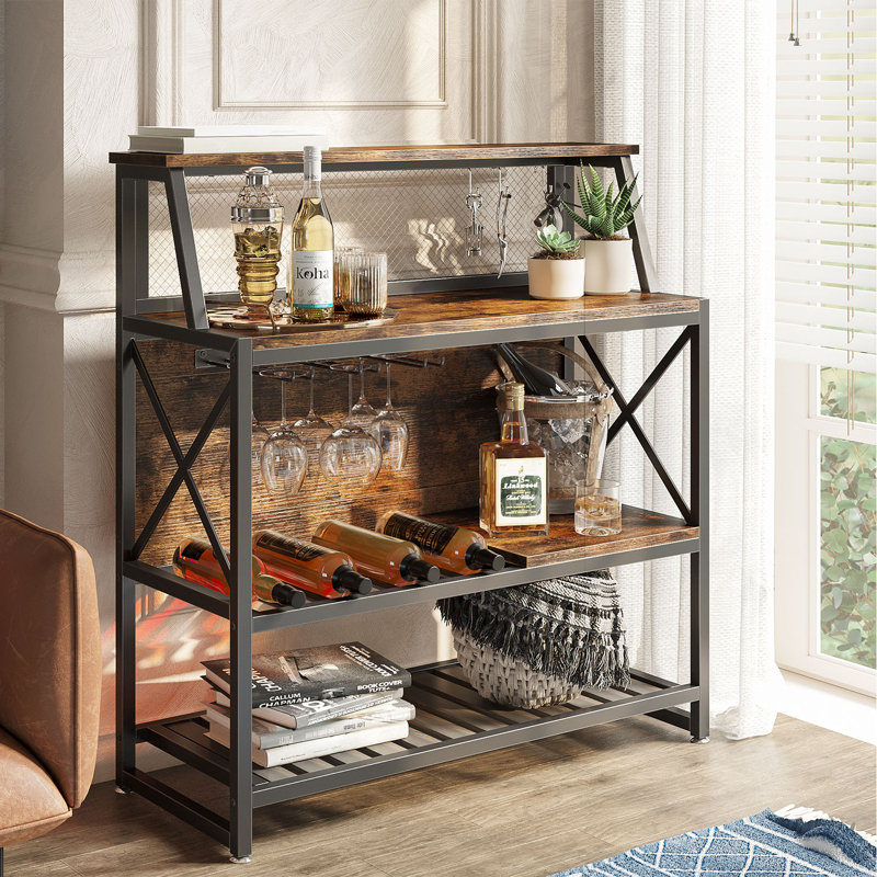 Mori Bar with Wine Storage, Rustic Brown/Black