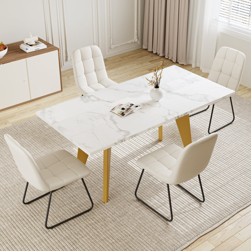 Ensemble de table de salle à manger à tréteaux pour 4 personnes, 5 pièces: table, 4 chaises, Blanc
