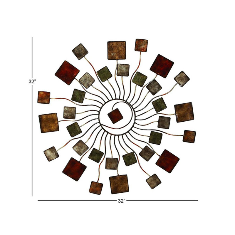 Metal Wire Sunburst Multi Colored Wall Decor with Square Shaped Accents