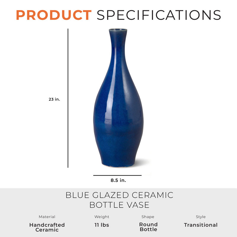 Vase en céramique H 31 po, Bleu, 23" H x 8.5" W x 8.5" D