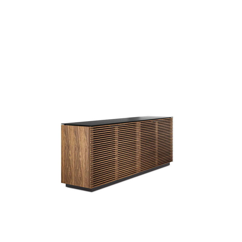 Natural Walnut and Black 79'' Sideboard with Satin Glass Shelves