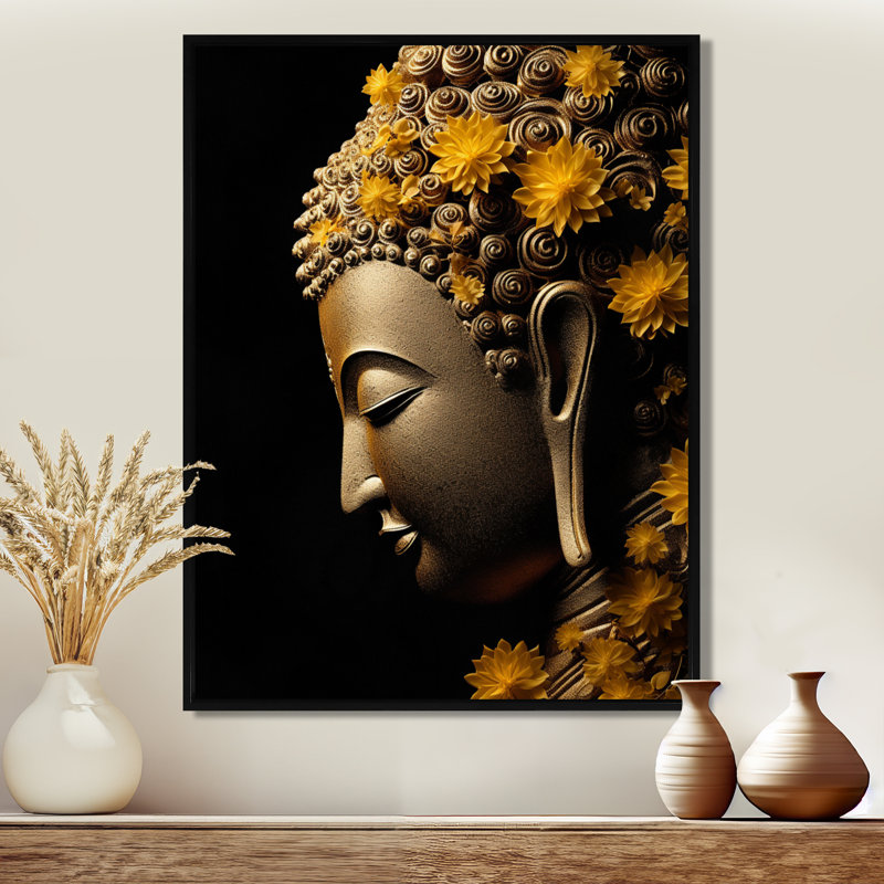 Tarel - Bouddha, art mural, salon, H 20 po x l 12 po x P 1 po, Toile avec cadre flottant noir