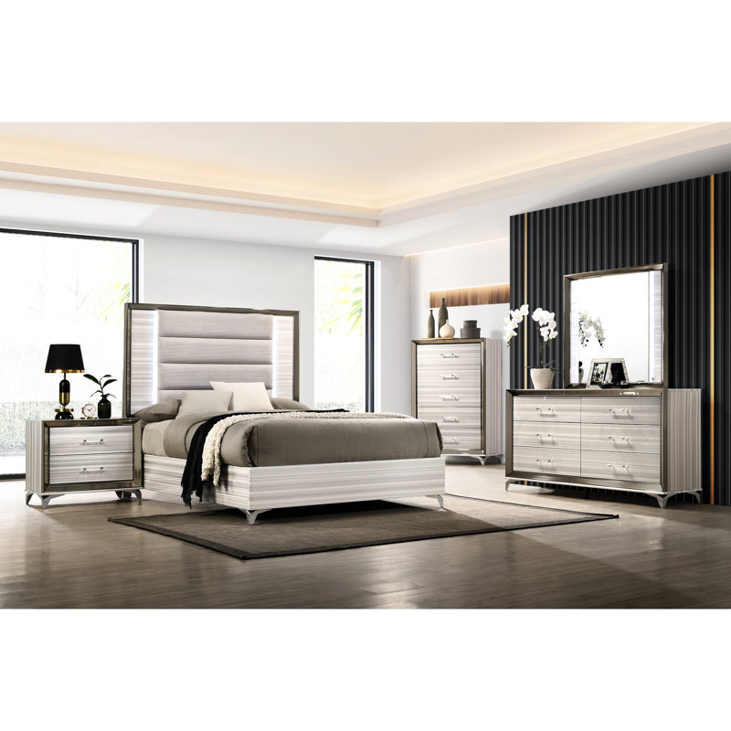 Grand lit Star blanc avec DEL - appareil de couchage de style moderne, espace de rangement spacieux offert, fabrication en bois massif, 14 lattes jointes au lit, 4 pieds de support centraux solidement installés sur 2 prises électriques