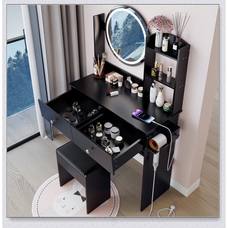 17 Inch Round LED Mirror Vanity Table With Cushioned Stool, 2 AC+2 USB Sockets, Adjustable Brightness, Large Desktop, Multi-Layer Storage