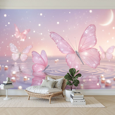 Peel and Stick Wallpaper 144" W x 100" H Modern Self Adhesive Wall Mural for Bedroom Pink Glitter Butterflies Dreamy Water Ripples Moonlight Sparkling