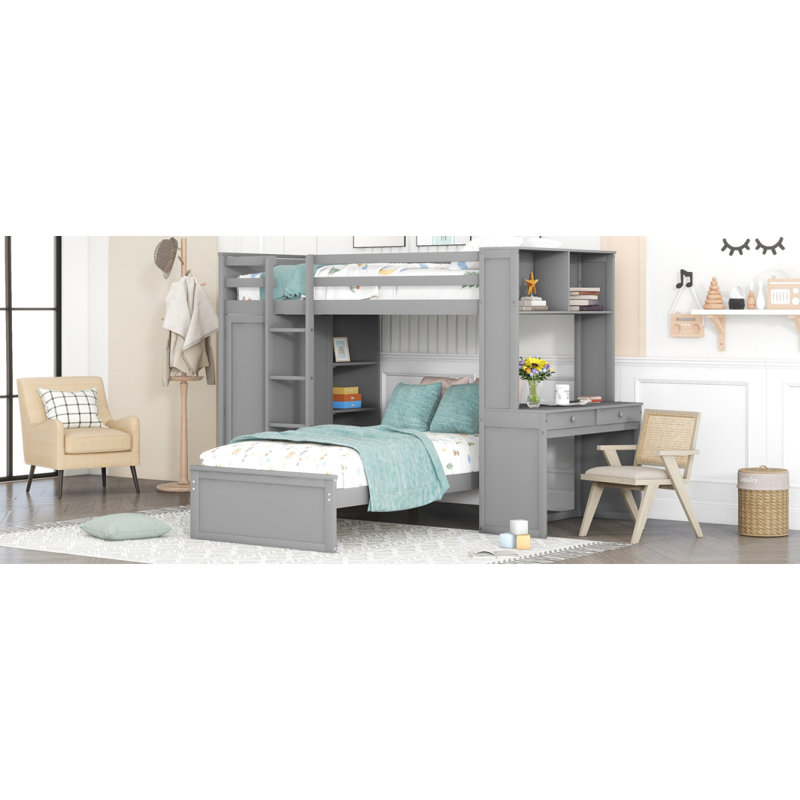 Lit mezzanine simple avec lit autonome, tablettes, bureau et garde-robe gris, Gris
