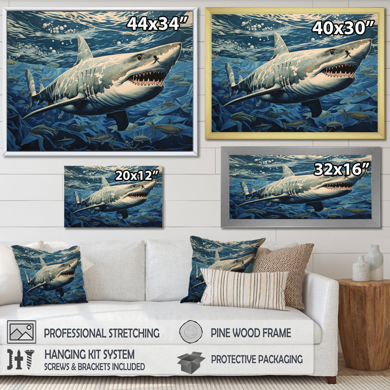 " Shark Echo Painting ", 12" H x 20" W x 1" D, Gold Single Picture Framed