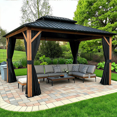 PURPLE LEAF 10' X 14' Hardtop Gazebo Outdoor Wood Grain Aluminum Frame Galvanized Steel Double Roof Gazebos with Netting and Curtains