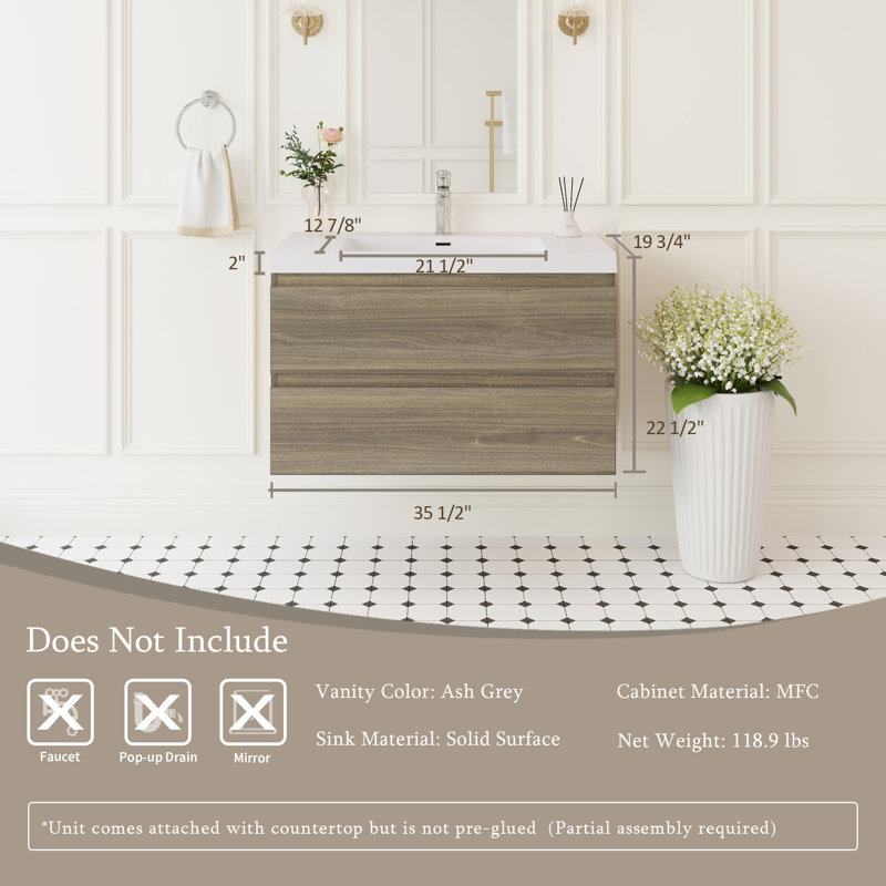 36" Floating Bathroom Vanity With Sink, 35", Gray Ash