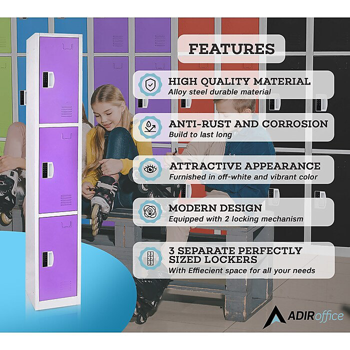 72" Purple Steel Triple Tier Storage Locker with Digital Lock