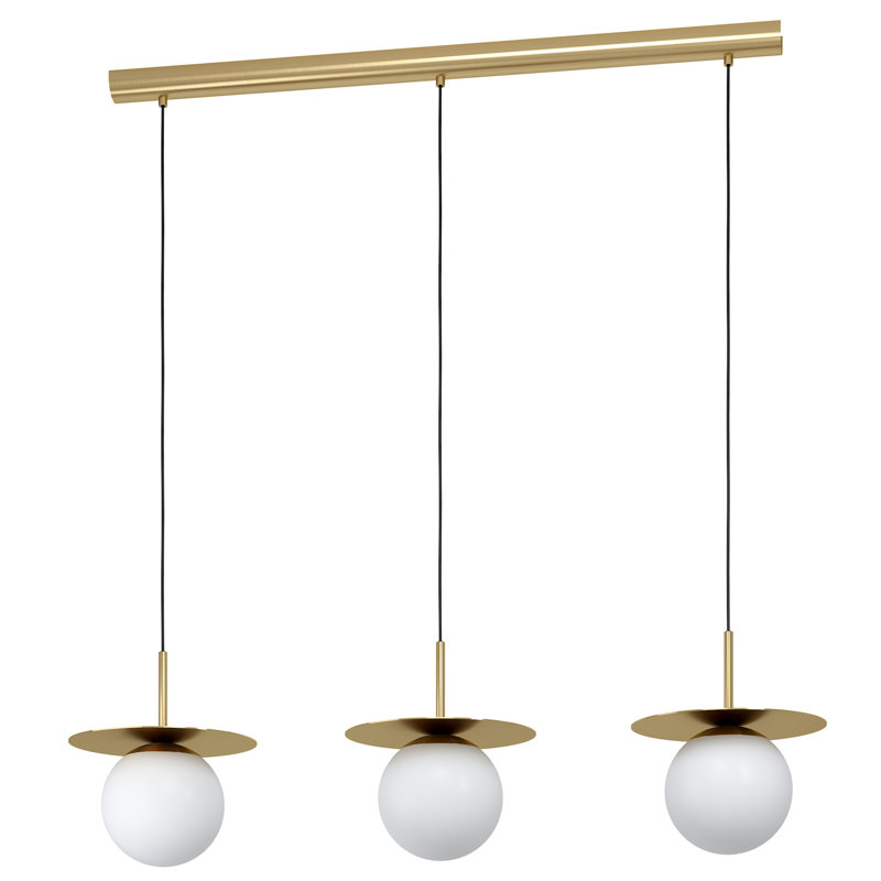 Luminaire suspendu linéaire 3 lumières Cathy - Finition laiton brossé - Abat-jour en verre opale blanc