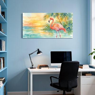 Animals Flamingo Sunset Palm Watercolor Art Canvas Print