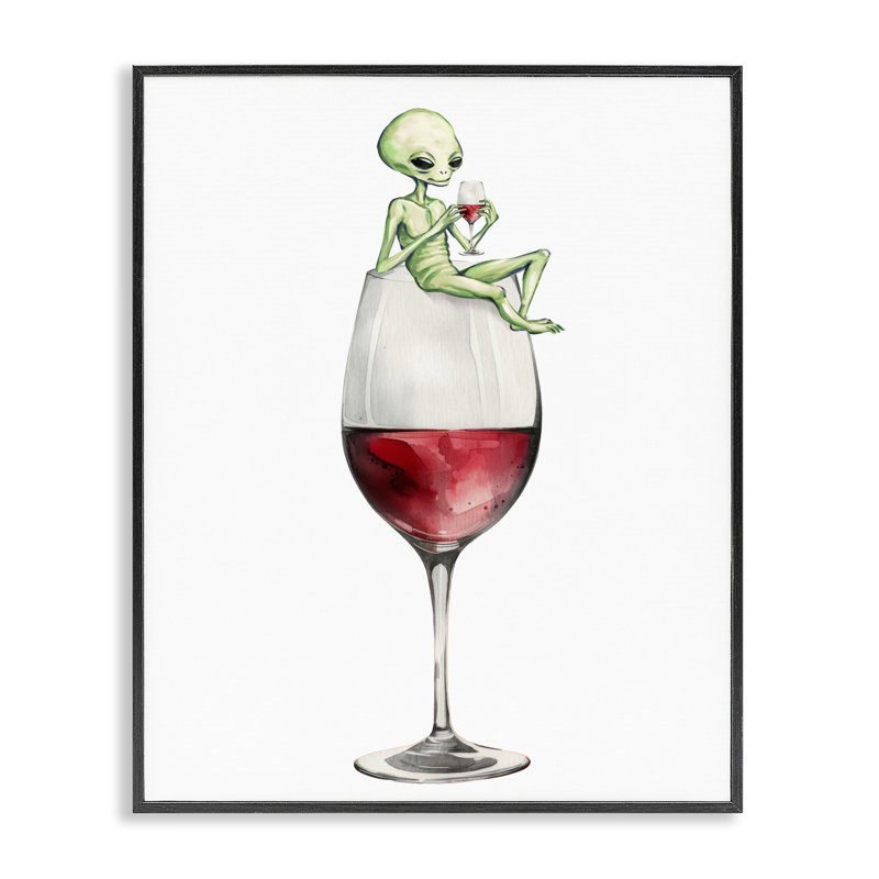 Alien perché sur un verre à vin, estampe numérique, design par Lil 'Rue, Giclée encadrée noir minuit, H 20 po x l 16 po