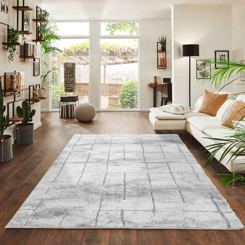 Tapis abstrait ivoire / gris clair Abhinaya, Rectangle 5 pi 2 po x 7 pi 3 po