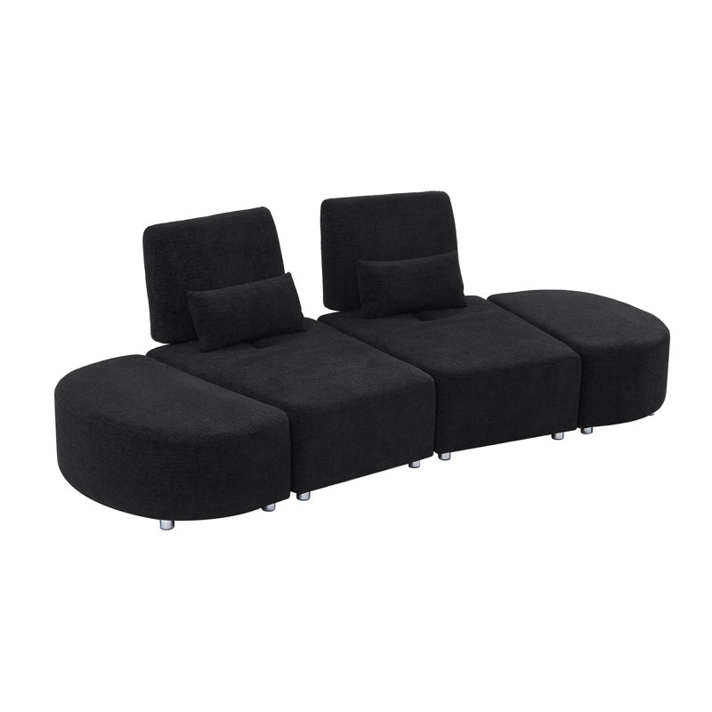 Canapé rembourré avec deux repose-pieds, Noir, noir, noir, noir