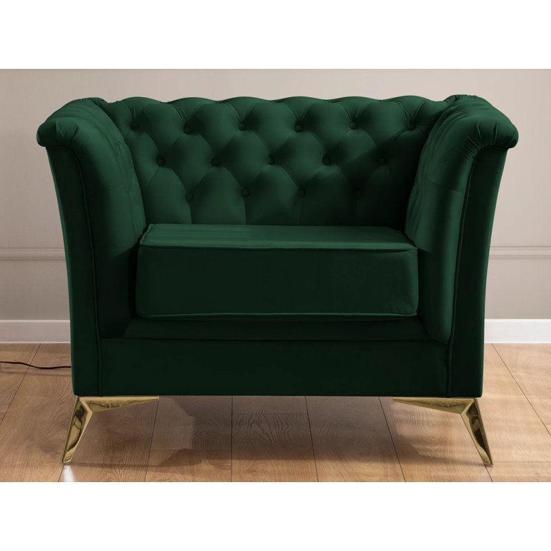 Whitby Velvet Chesterfield Chair, Bottle Green, Gold