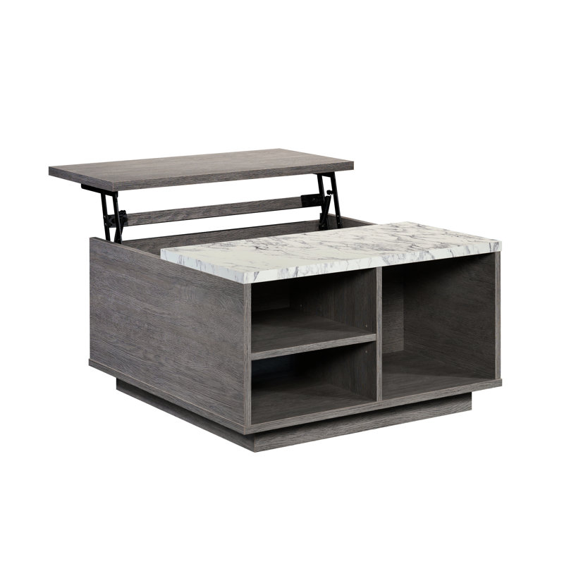 Table basse à plateau relevable brun Annaleah, design contemporain, gris, faux marbre, salons, espaces décontractés, rangement dissimulé, construction, installation facile, table multifonctionnelle pour activités avec style,