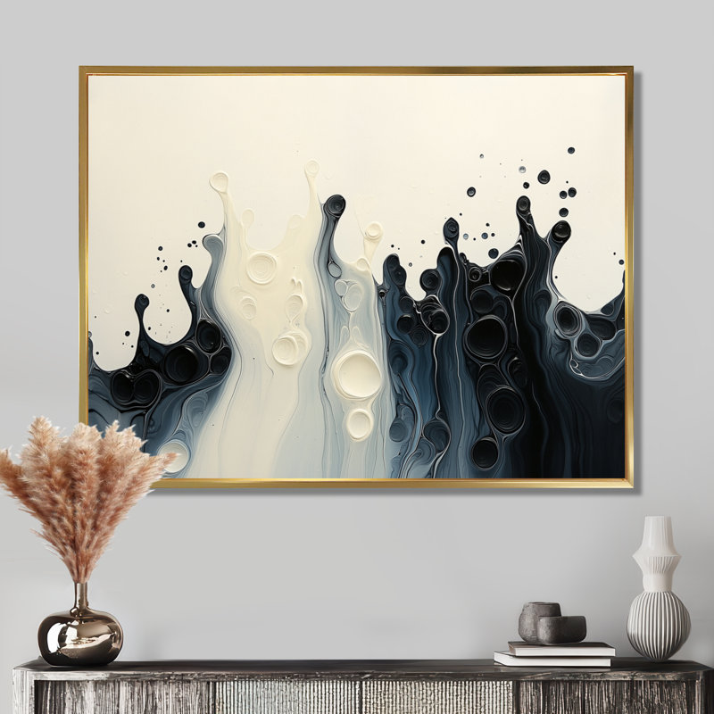 «Drip Paint Wave», rythmique, éclaboussures de sérénité, H 12 po x l 20 po, Picture Framed, Doré