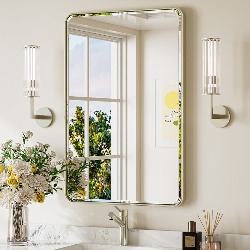 Beveled Bathroom Vanity Mirror with Aluminum Frame, Wall Accent Mirror, Tempered Glass, 36" x 24", Brushed Nickel