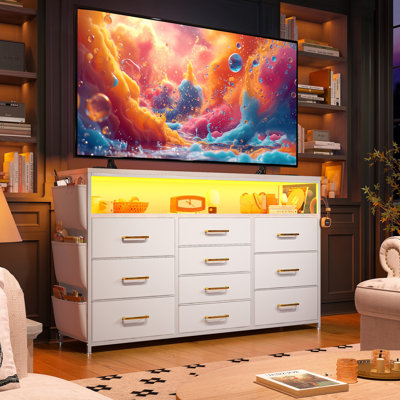 43.8" Dresser With Led Lights, Charging Station, 10 Fabric Drawers & Easy Assembly