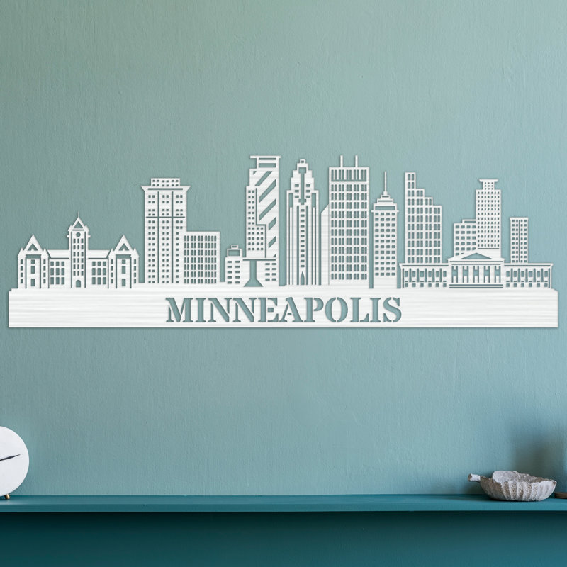 Décoration murale en bois Minneapolis City Skyline, H 14 po x l 46 po x P 0,25 po, Naturel