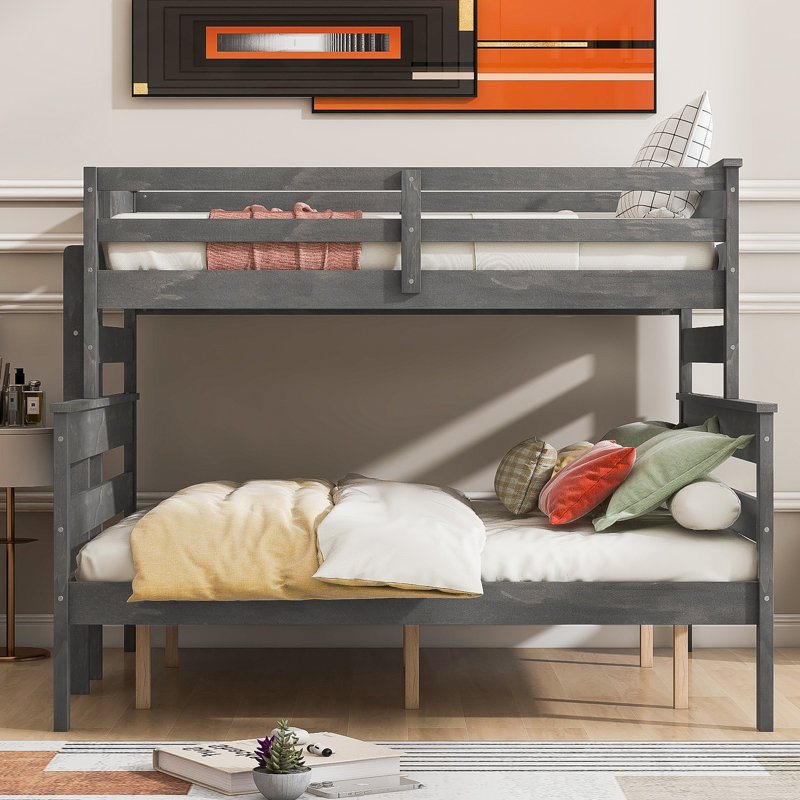 Lit superposé en bois avec échelle, Gris clair, Lit simple très long sur grand lit