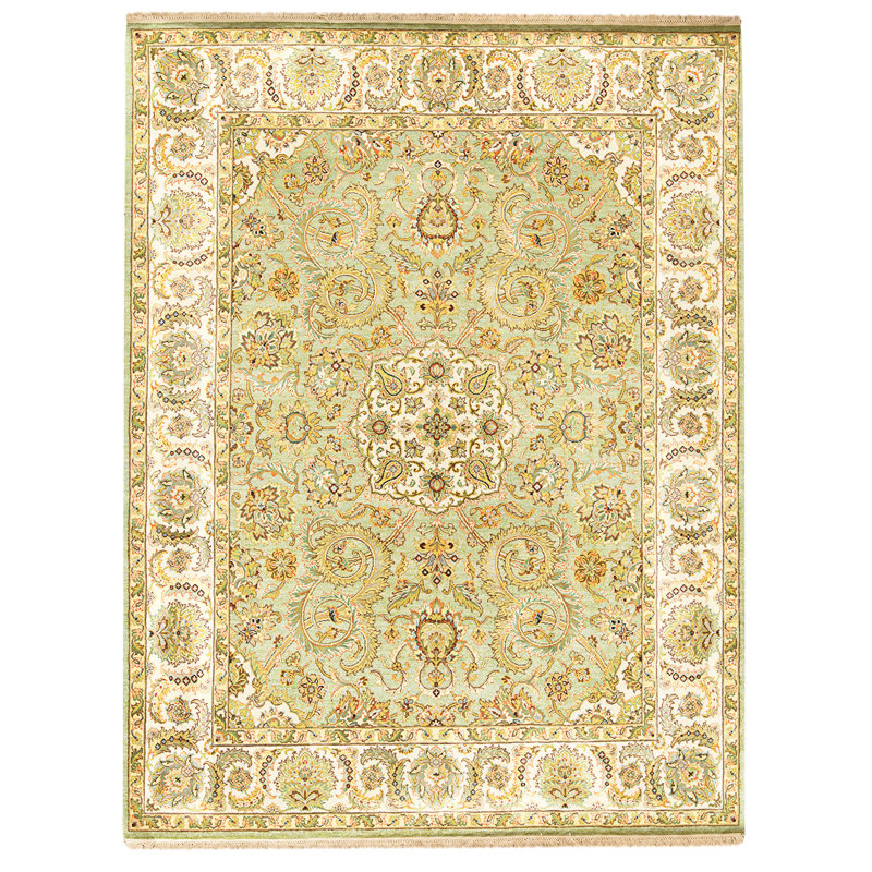 Tapis vert clair et ivoire noué à la main de haute qualité
