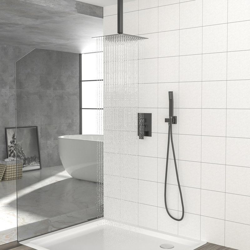 Carré de 10 pouces, noir mat, double pomme de douche, fixation au plafond, système - valve d'échaudage, réglable à 360 °, système de pluie, système de tête de douche à main carré avec fonction, jet de pluie et pour