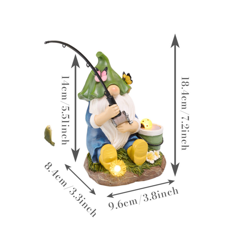 Statues de jardin de gnome de pêche en résine de 7 pouces avec lumières solaires extérieures