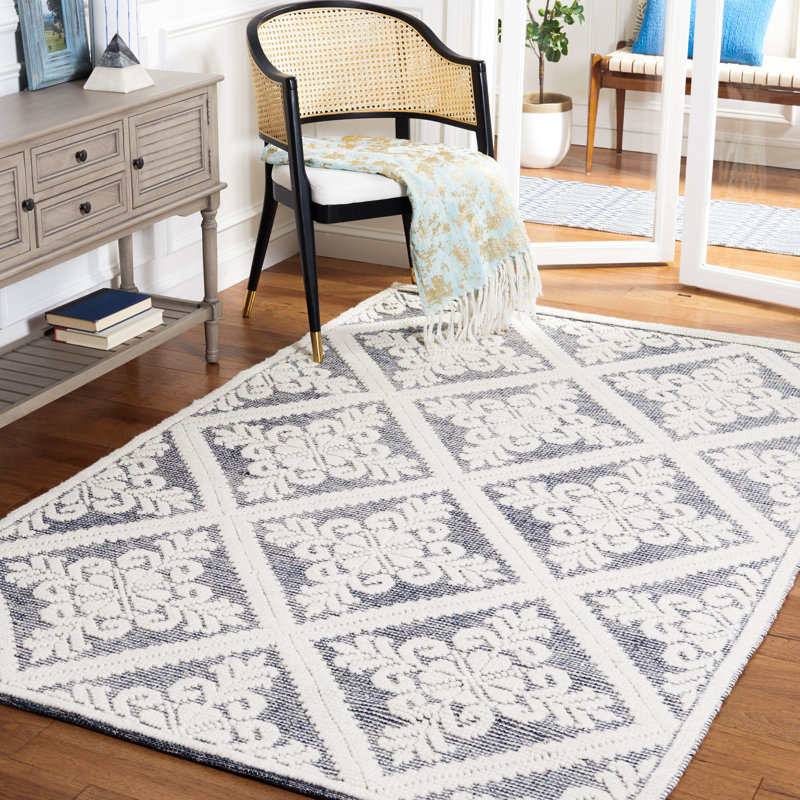 Tapis ivoire / bleu marine en laine tissé à la main Engelmann, Rectangle 4 pi x 6 pi