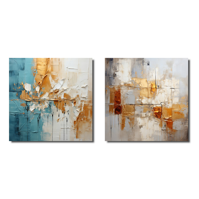 Collage Fusion - Ensemble de 2 collages abstraits carrés, H 16 po x l 33 po, Toile tendue