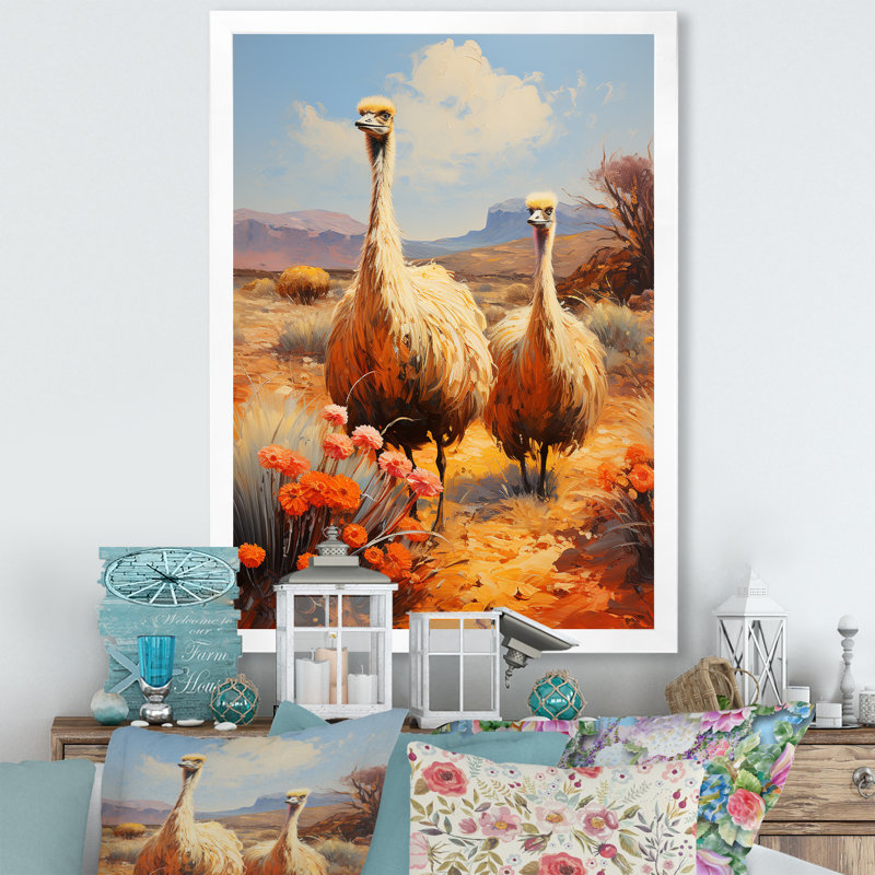 Autruches du désert nomades sur toile, Cadre simple blanc, H 20 po x l 12 po x P 1 po