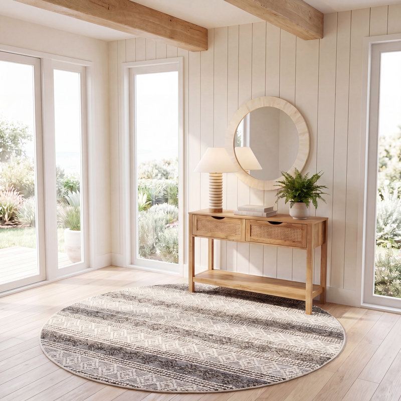 Parsonsfield Hand Woven Wool/Cotton Geometric Rug in Ivory/Black, Round 6'