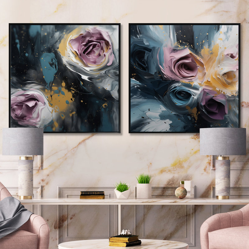 Ensemble de 2 collages carrés roses et roses, Cadre flottant noir, H 16 po x l 33 po