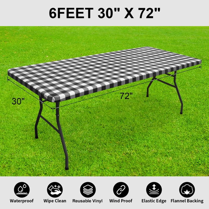Nappe de pique-nique rectangulaire, nappes en vinyle ajustées imperméables élastiques, couvertures de table en flanelle à carreaux Buffalo (noir et blanc, 30 po x 72 po)