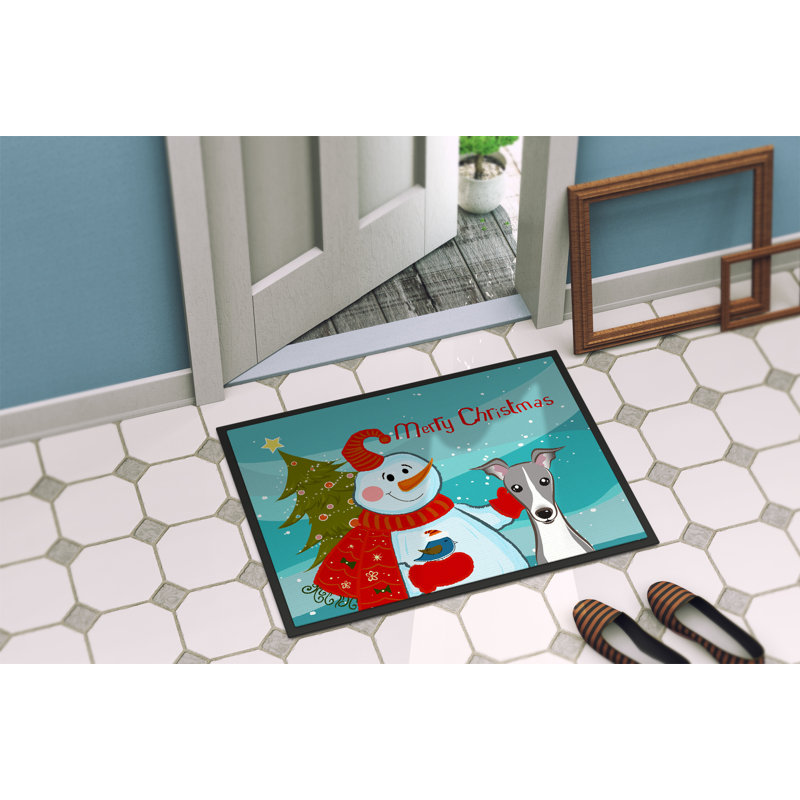 Tapis de porte pour l’extérieur anti-dérapante bonhomme de neige avec lévrier italien, 1 pi 6 po x 2 pi 3 po