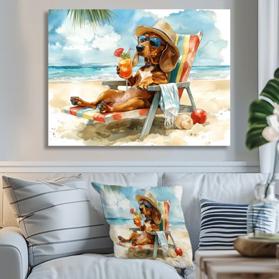 «Brown Dachshund Dog on The Beach Lounging I - Coastal Animal», reproduction d'art mural