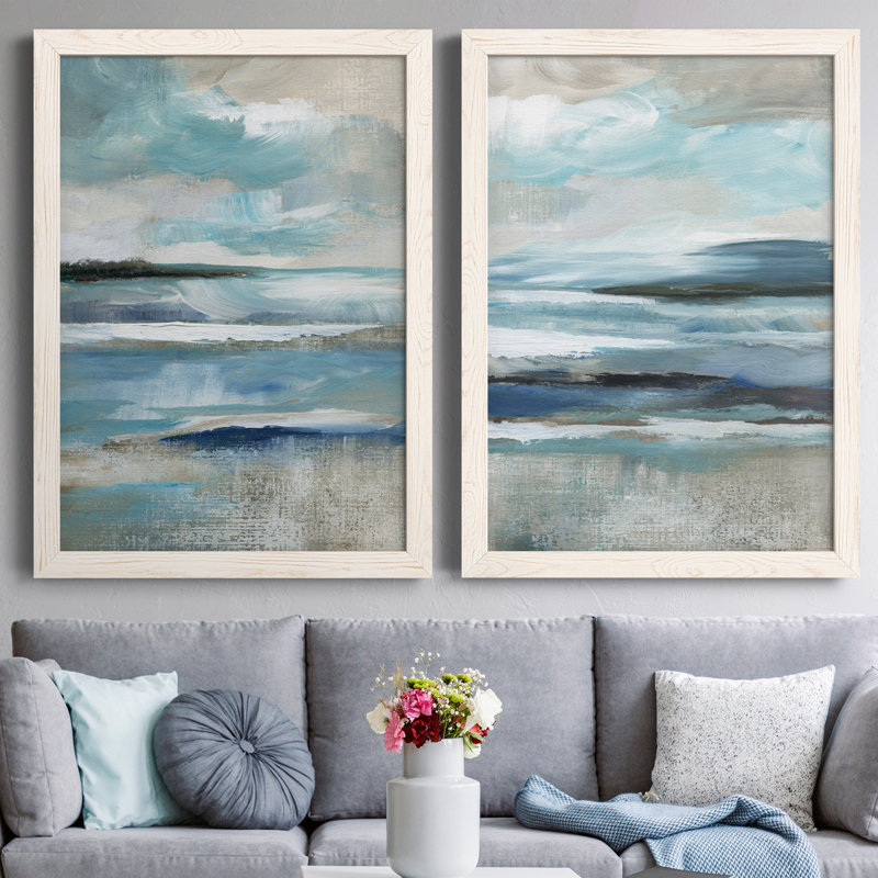 «Distant Drama I», ensemble de 2 peintures sur toile encadrées, Cadre blanc, H 24 po x l 36 po x P 1,5 po