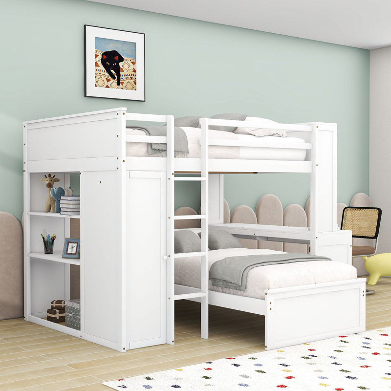 Lit superposé en bois avec bureau, tablettes et garde-robe, 	Double sur simple, Blanc