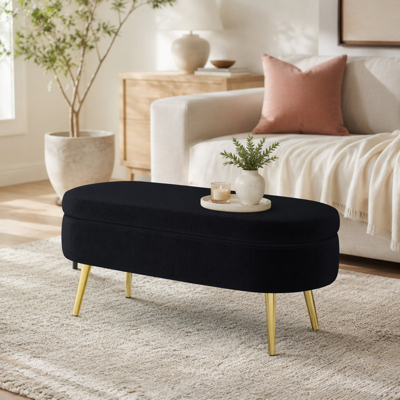 Banc de rangement repose-pieds ovale en flanelle avec pieds en métal, Noir, Noir