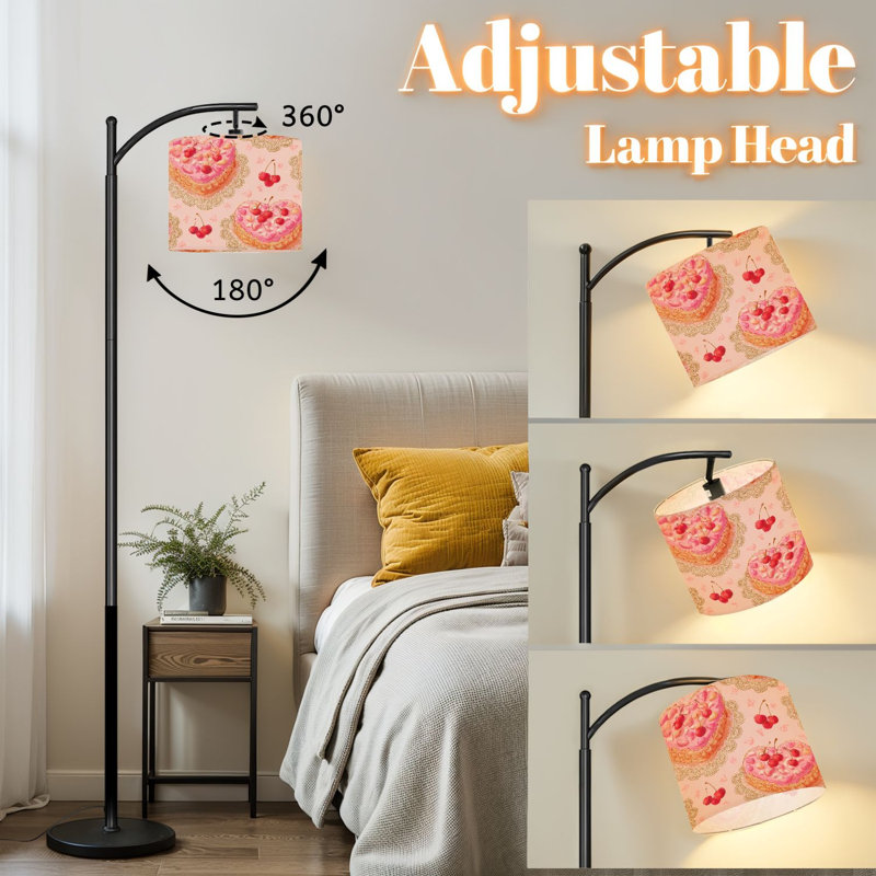 Lampe sur pied à arc avec abat-jour réglable, cœur rose, gâteau, cerises, étoile, dessert, lampe sur pied, 3 températures de couleur, intensité variable, grand lampadaire avec interrupteur au pied pour la chambre à coucher